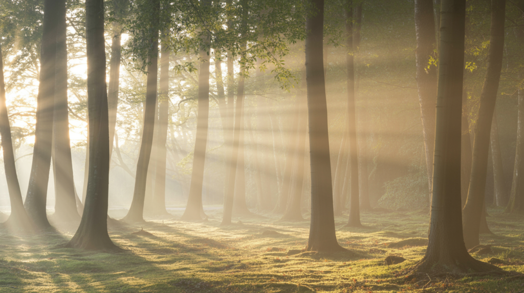 Sonnenlicht fällt durch Bäume in ruhiger Natur und vermittelt Entspannung